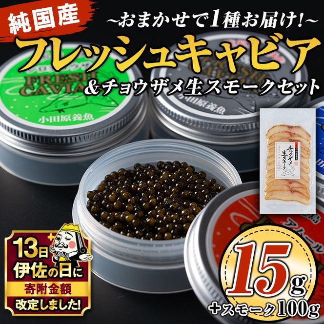 isa557 【伊佐の日・寄附額改定】〈毎月数量限定〉おまかせフレッシュキャビア(15g×1種)＆チョウザメスモーク(100g×1P)セット 国産 詰合せ 魚卵 白身 おつまみ 世界三大珍味 加工品 冷凍 冷凍便 セット【小田原養魚】