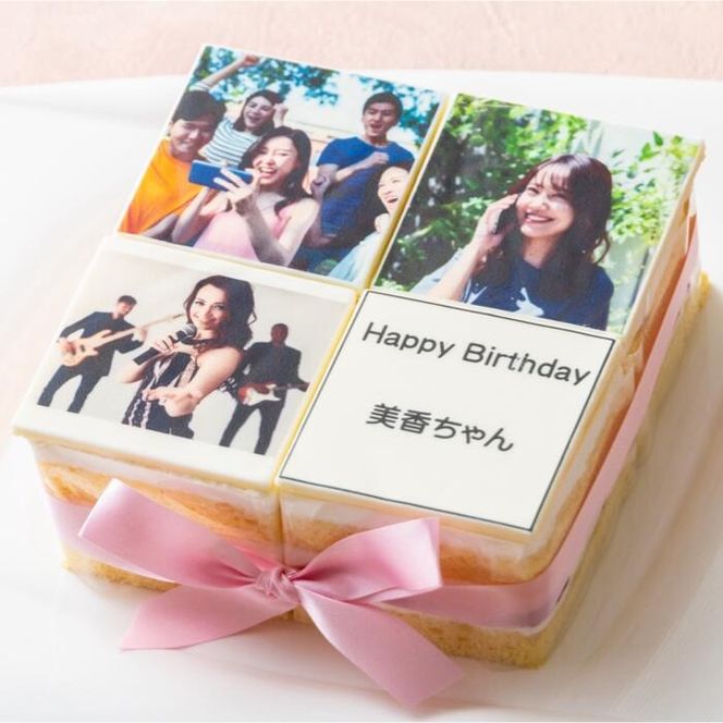 【スイーツ】お気に入りの写真をホワイトチョコにプリント！オリジナルの美味しいケーキを。 4ピース アルバムケーキ（文字なし）-[G710-2]