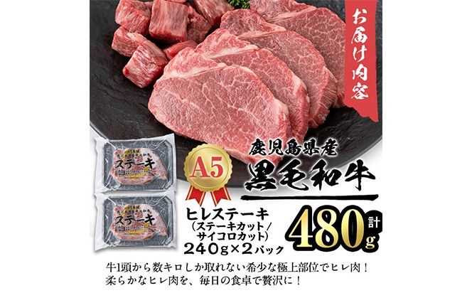 【小分け】＜A5等級＞鹿児島県産黒毛和牛 ヒレステーキ2種盛(240g×2パック/計480g) b6-023