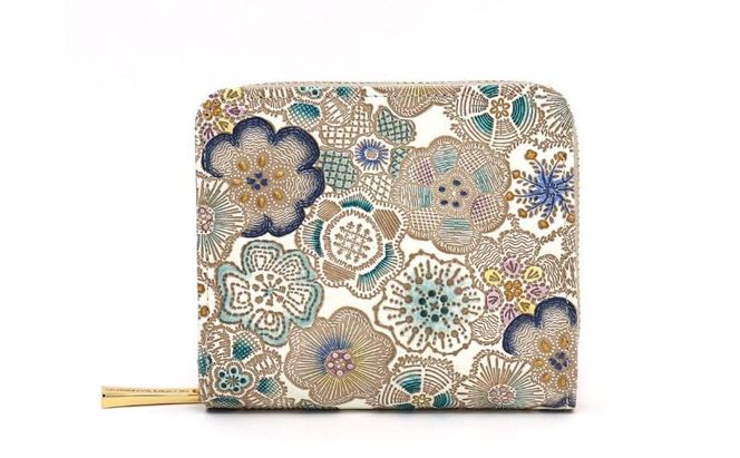 【文庫屋大関】二つ折りファスナーミニ財布 春らんまん＜瑠璃＞【皮革工芸品】財布 二つ折り 小物 お札 カード 小銭 コンパクト 牛革 手作り 日本製 墨田区 東京都