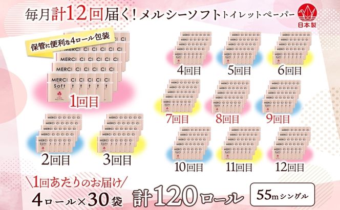 定期便 12ヵ月連続 シングル トイレットペーパー メルシー ソフトシングル 55m × 120ロール ペーパー 日用品 消耗品 リサイクル 再生紙 無香料 厚手 ソフト トイレ用品 備蓄 ストック 非常用 生活応援 川一製紙 送料無料 岐阜県 美濃市