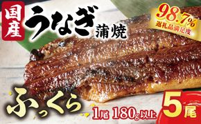 国産うなぎ　備長炭地焼き蒲焼き180g以上×5尾　タレ付き×10【FU05W】