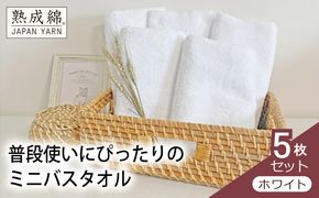 knt0057 泉州タオル「普段使いにぴったりのミニバスタオル」５枚セット（ホワイト）【泉州タオル 国産 吸水 普段使い 無地 シンプル 日用品 家族 ファミリー】