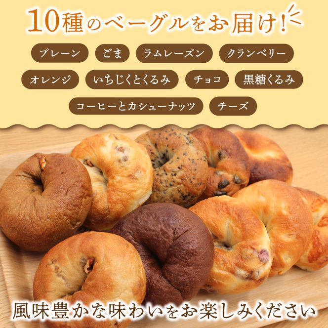 北海道産小麦使用！選べる楽しさ！ベーグル10種セット プレーン・チョコ・いちじく等 天然酵母_Y095-0012