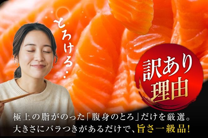 定期便 訳あり とろサーモン 刺身 3パック計600g×12回 総計7.2kg 毎月 12回 定期 [たみこの海パック 宮城県 南三陸町 m304amh560074] サーモン 魚 魚介類 海鮮 さしみ 生食 鮭 さけ トラウト ハラミ トロ 冷凍 小分け
