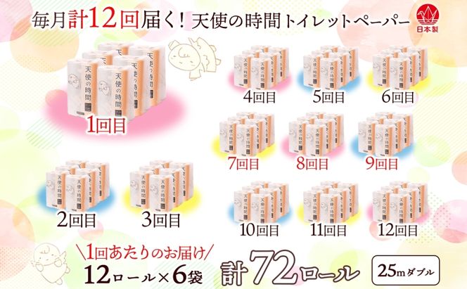 定期便12ヶ月 連続12回 トイレットペーパー 25ｍ ダブル 12ロール×6袋 計72ロール 天使の時間 紙 ペーパー 日用品 消耗品 リサイクル 再生紙 無香料 厚手 ソフト トイレ用品 備蓄 非常用 川一製紙岐阜県 美濃市