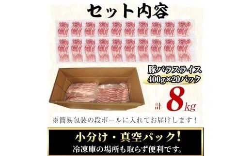 【工場直送 業務用】九州産豚バラスライス＜計8kg(400g×20P)＞ c5-038