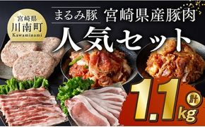 豚肉 「まるみ豚」 宮崎県産 豚肉 人気 セット 計1.1kg 国産 九州産 川南町 豚 肉 小分け 簡単調理 ウデ モモ ハンバーグ ローススライス バラスライス おかず お手軽 冷凍[D11512]