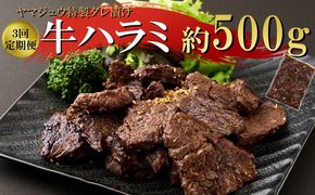 ヤマジュウの特製タレ漬け！牛ハラミ肉５００ｇ【３回定期便】_yj088
