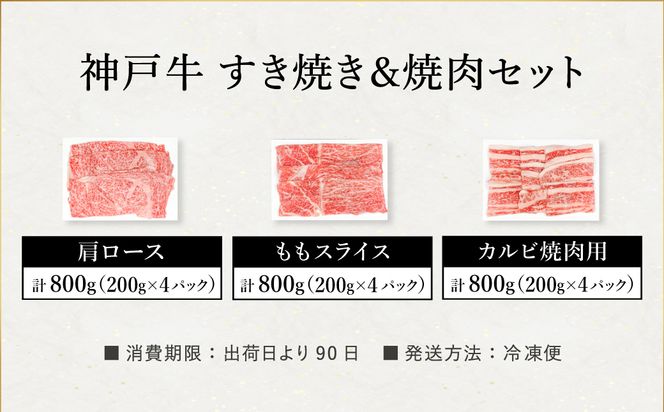 神戸牛 すき焼き＆焼肉 2.4kg / A4ランク以上 すき焼き用 焼肉 小分け (200g×3種×4パック) 密着包装 赤身 霜降り すき焼き肉 スライス 焼き肉 肩ロース ももスライス バラ肉 焼きしゃぶ 冷凍 国産牛 黒毛和牛 神戸ビーフ【帝神志方ミート】【12/21までの受注分年内発送】